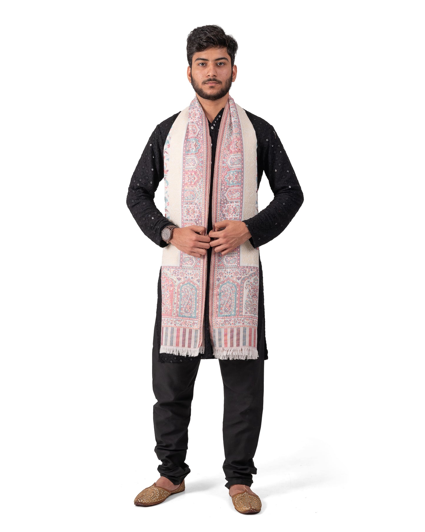 Men Faux Pashmina Stole with Mughal Artwork and Zari Accents