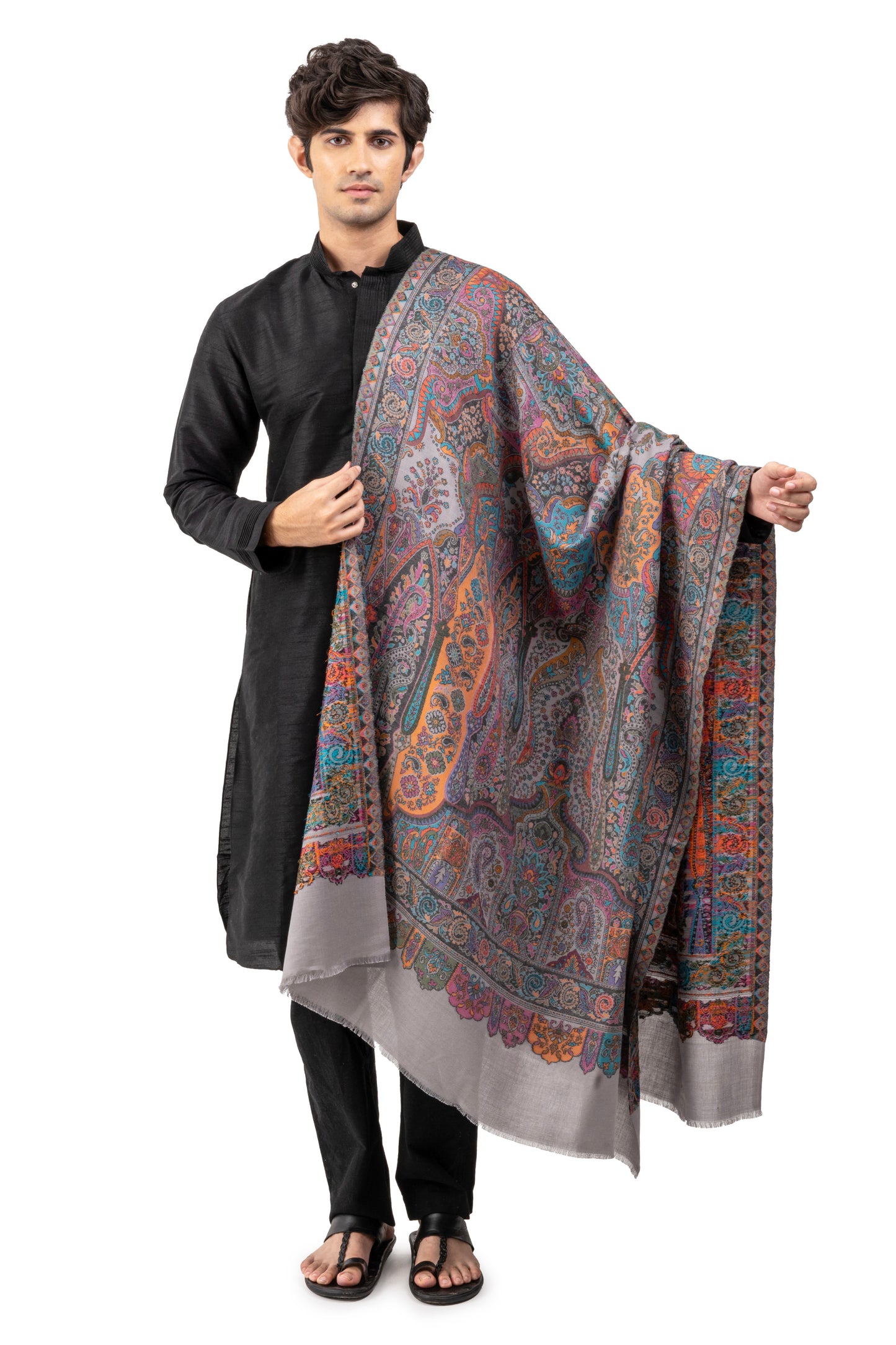 Men Pashmina Blend Kani Shawl with Paisley and Floral Artwork