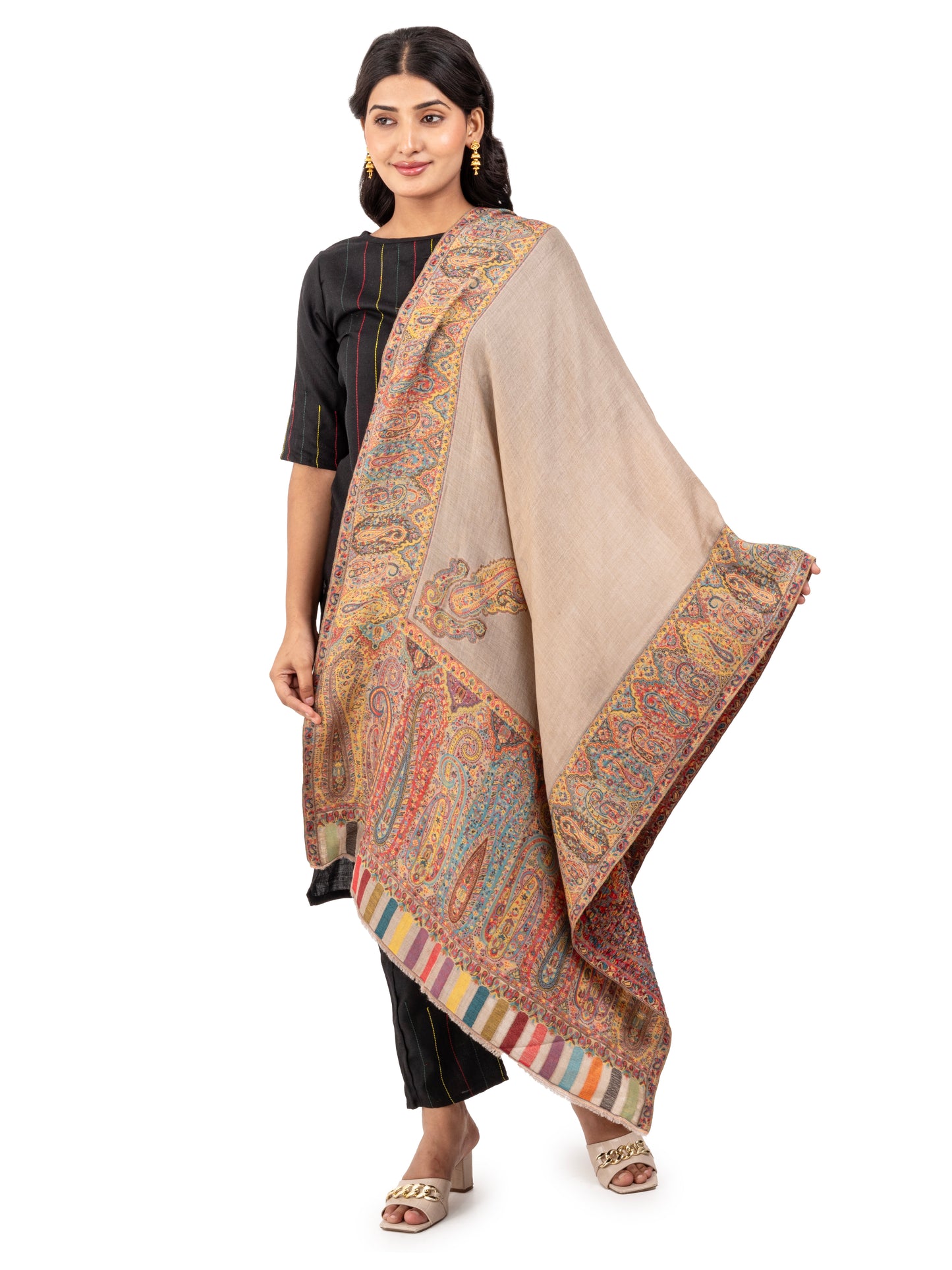 Women Ultra Soft Fine Wool Kani Stole with Paisley Artwork