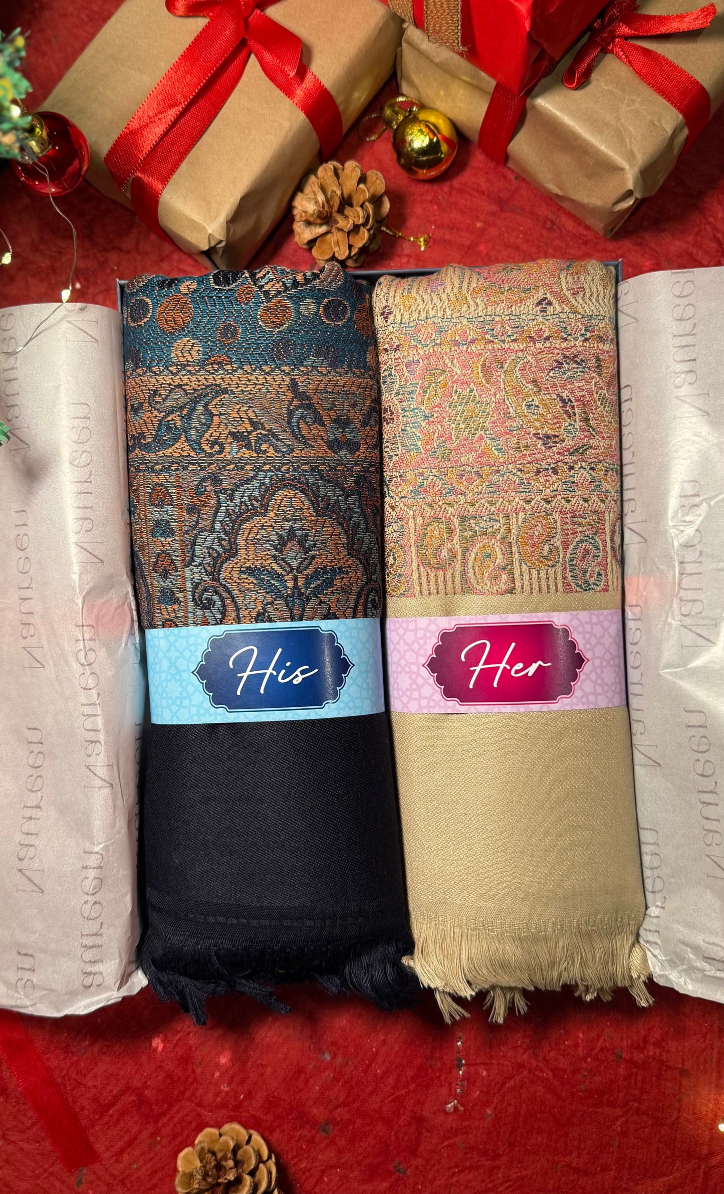 His and Her Gift Set- Kashmiri Jamawar Shawl- Ivory and Navy