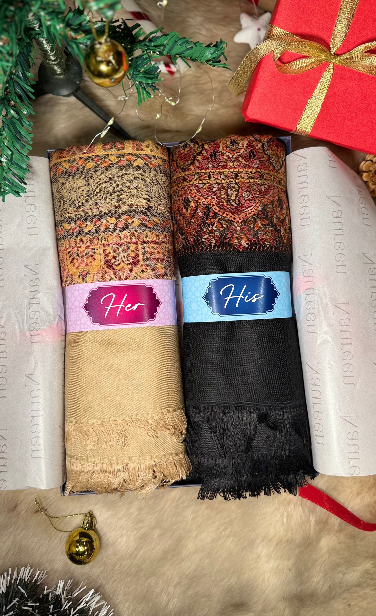 His and Her Gift Set- Faux Pashmina Shawl- Beige and Black