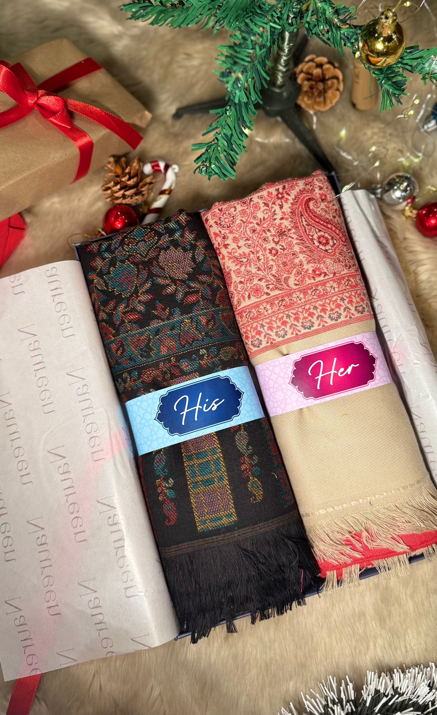 His and Her Gift Set- Faux Pashmina Shawl- Black and Dark Pink